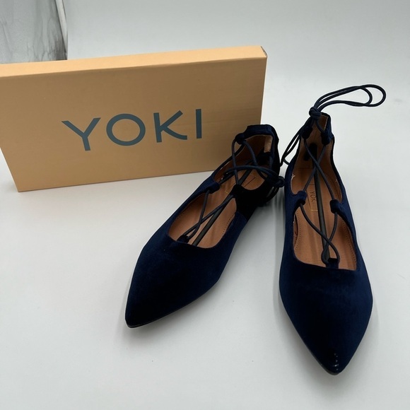 New In Box Yoki Women's Navy Blue Velvet Ballerina Ankle Lace Up Flats - Picture 2 of 10